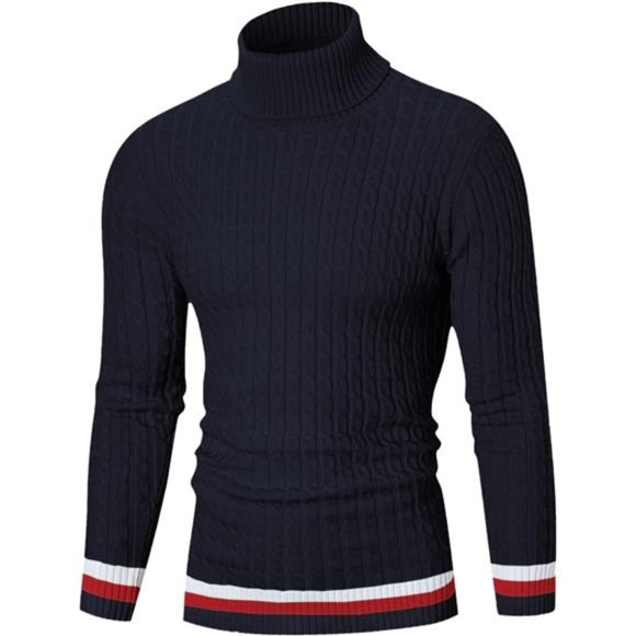 Hot Men's Turtleneck Sweater Slim Fit 1# Striped-navy